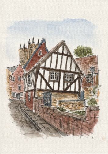 Original Watercolour And Ink Sketch. 40-42 Michaelgate Lincoln, The Wonky House