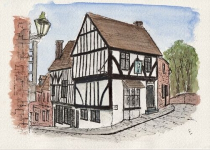 Original Watercolour And Ink Sketch Of the Harlequin, Steep Hill Lincoln