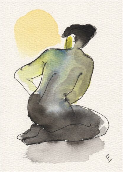 Original Wash And Ink Figurative Painting Of A Kneeling Female, Contemporary Art