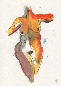 An abstract figurative sketch of a naked woman in watercolour and ink