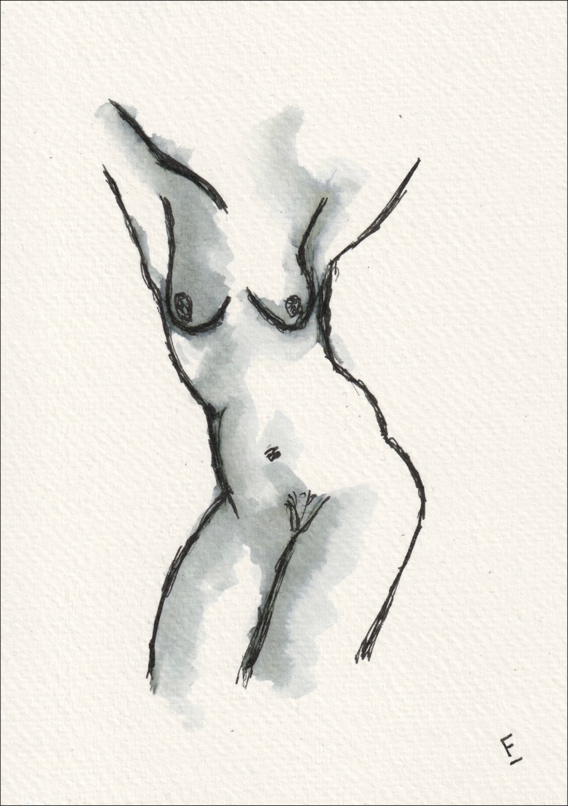Original Signed Watercolour And Ink Figurative Painting Of A Nude Female