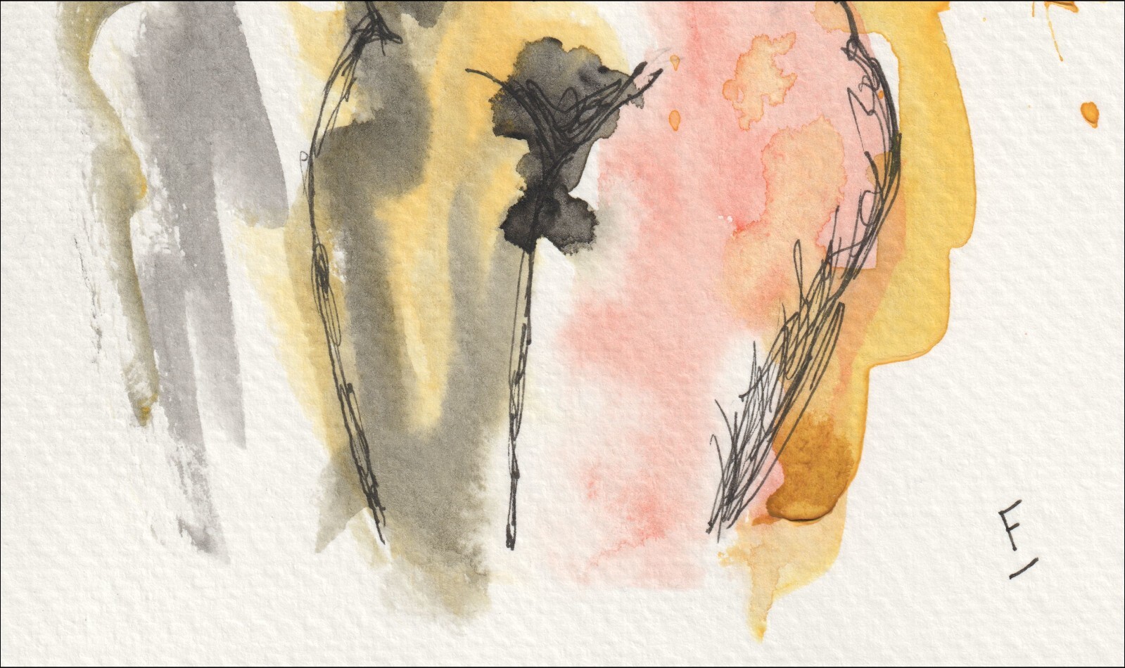 Defined by bold, sweeping fields of dark monochromatic pigment, this original wash and ink creation investigates physical volume through a lens of dramatic contrast.