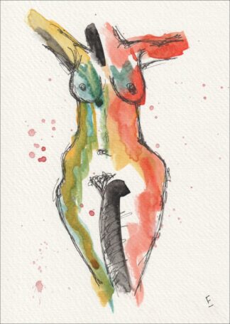 Striking and unconventional, this contemporary figurative study explores the body through a vivid, segmented spectrum of colour and stark vertical alignment.