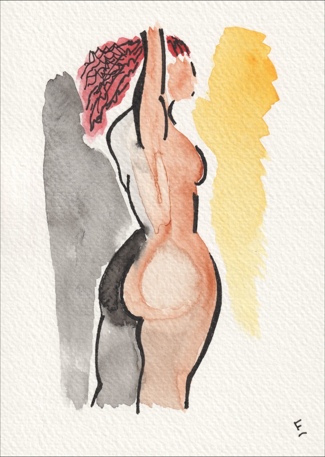 Framed by an assertive, block-like vertical wash of sun-kissed yellow, this original wash and ink piece investigates structural form through a vibrant, high-contrast perspective.