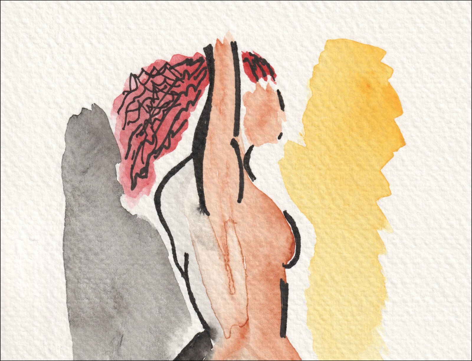 Framed by an assertive, block-like vertical wash of sun-kissed yellow, this original wash and ink piece investigates structural form through a vibrant, high-contrast perspective.