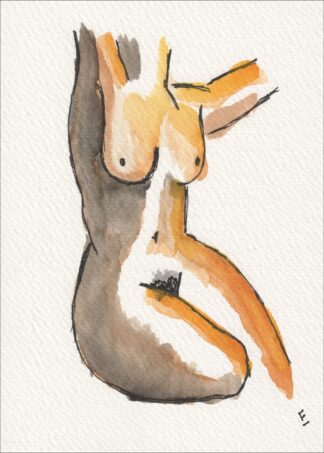 Anchored by a low, settled posture, this original wash and ink piece interprets physical weight and presence through a deeply meditative alignment.