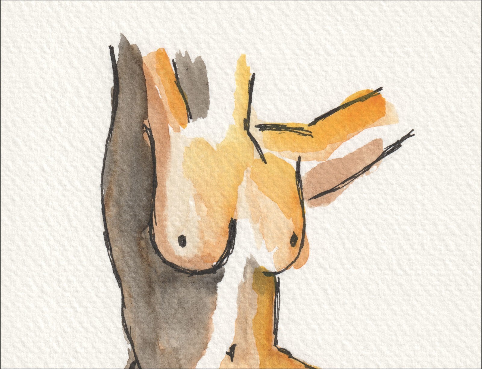 Anchored by a low, settled posture, this original wash and ink piece interprets physical weight and presence through a deeply meditative alignment.