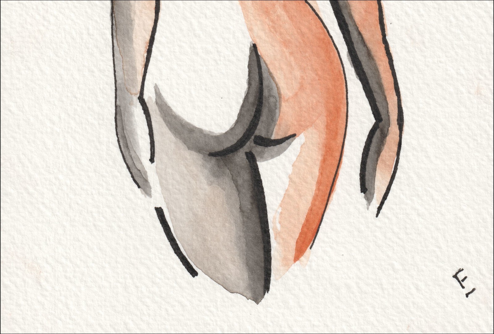 Executed from an intimate posterior angle, this original wash and ink creation evaluates structural rhythm through an elegant, twisting alignment.