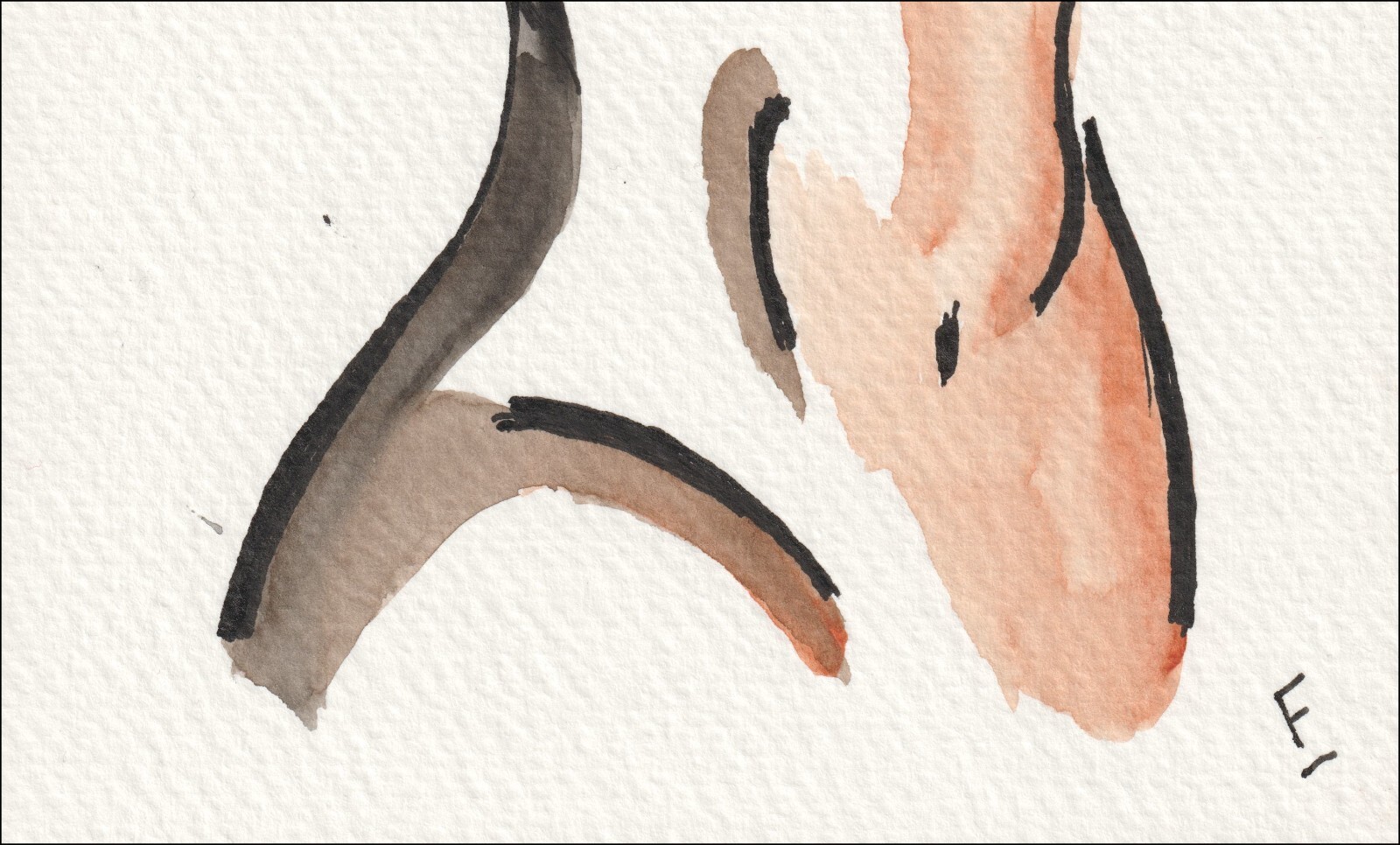 Observed through a relaxed, three-quarter perspective, this original wash and ink piece examines volumetric depth with a sense of spontaneous warmth and honest poise.