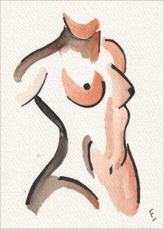 Observed through a relaxed, three-quarter perspective, this original wash and ink piece examines volumetric depth with a sense of spontaneous warmth and honest poise.