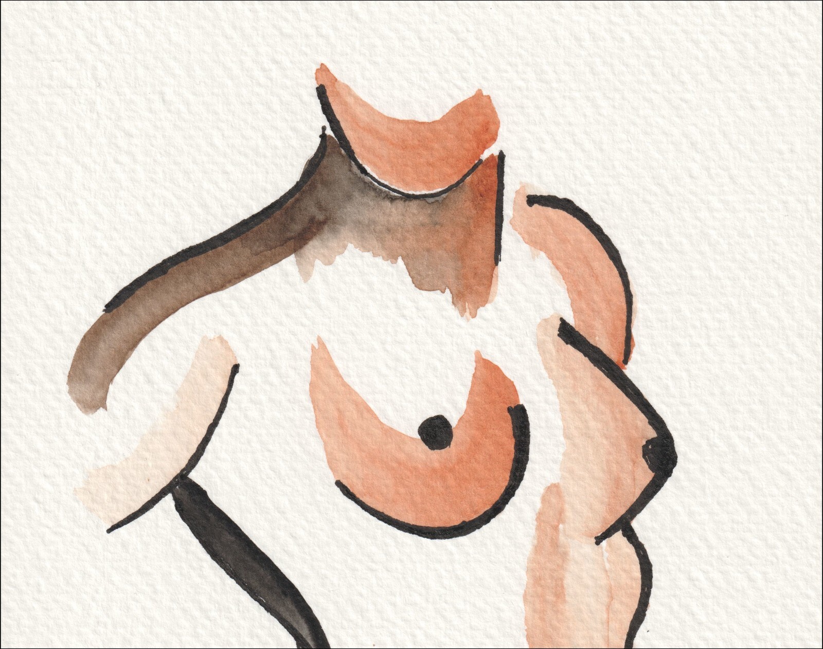 Observed through a relaxed, three-quarter perspective, this original wash and ink piece examines volumetric depth with a sense of spontaneous warmth and honest poise.