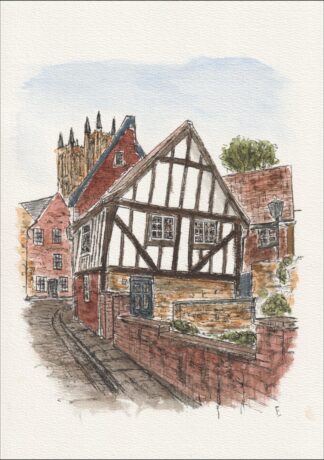 Original Watercolour And Ink Sketch. 40-42 Michaelgate Lincoln, The Wonky House