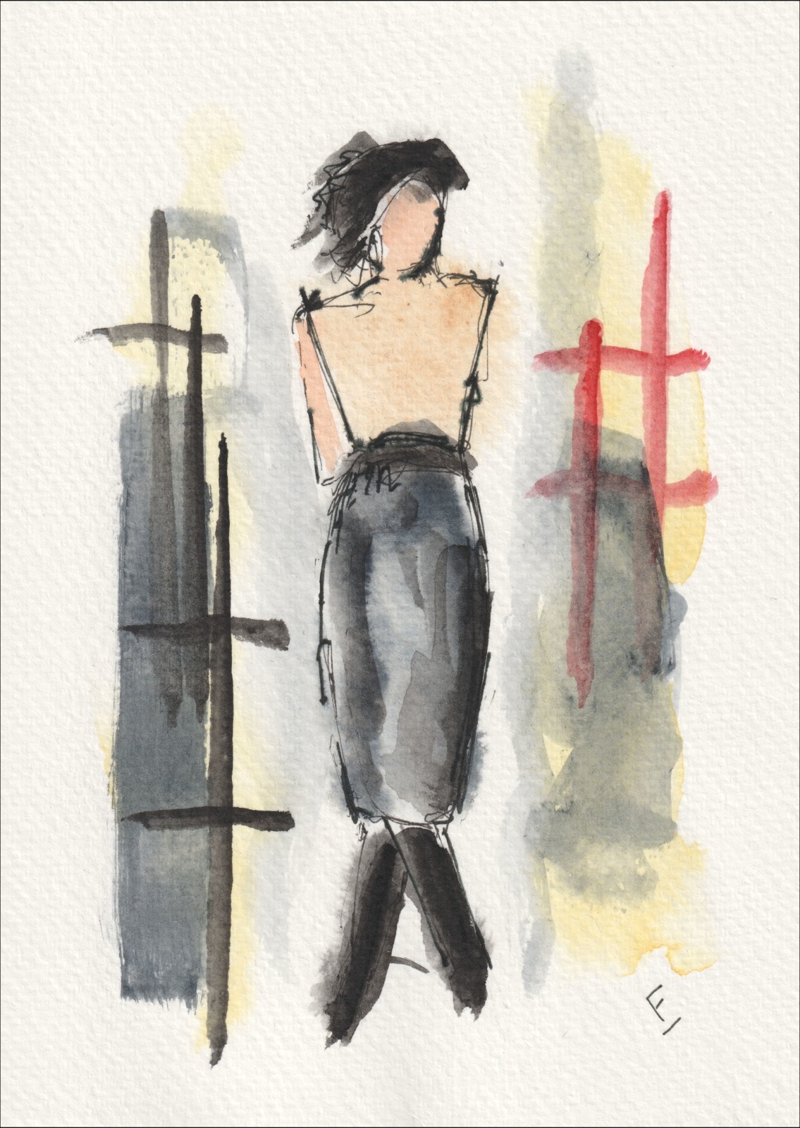 Presented in an elegant, upright posture, this original wash and ink piece explores physical presence through a centred, statuesque silhouette.