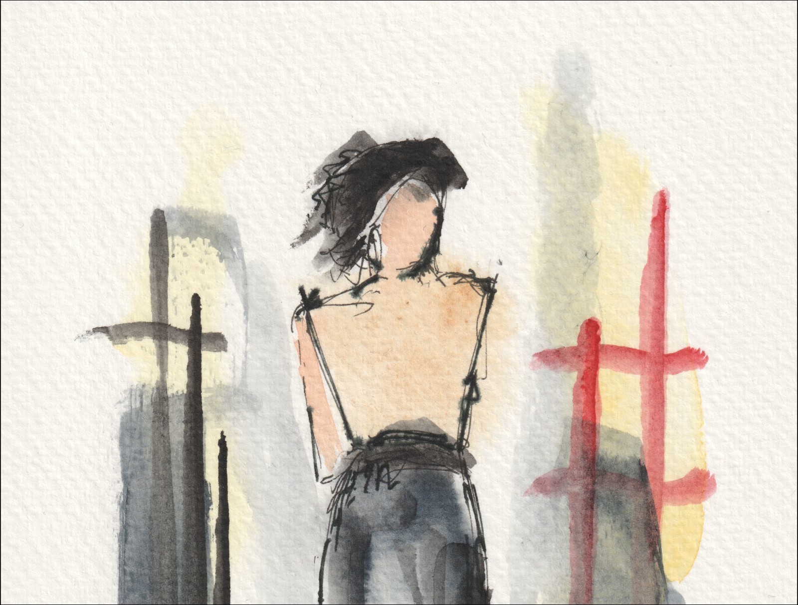 Presented in an elegant, upright posture, this original wash and ink piece explores physical presence through a centred, statuesque silhouette.