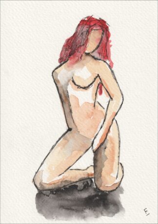 Original Figurative Female Painting In Watercolour And Ink, Signed Wall Art