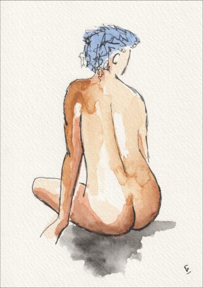 Signed Figurative Female Painting In Watercolour And Ink, Contemporary Wall Art