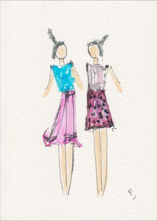 Presented as a side-by-side pairing, this original wash and ink piece examines garment layout through two distinct, front-facing silhouettes.