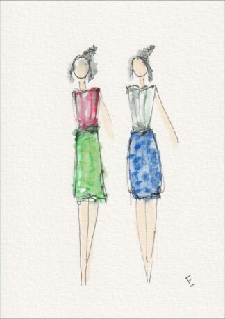 Presented as a balanced, two-figure configuration, this original wash and ink piece investigates physical alignment through side-by-side silhouettes.