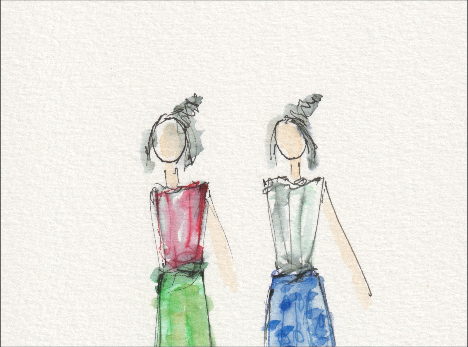 Presented as a balanced, two-figure configuration, this original wash and ink piece investigates physical alignment through side-by-side silhouettes.