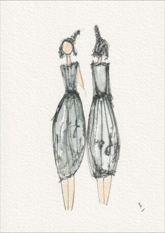 Presented in a complementary, side-by-side positioning, this original wash and ink piece investigates structural symmetry through two full-length silhouettes.