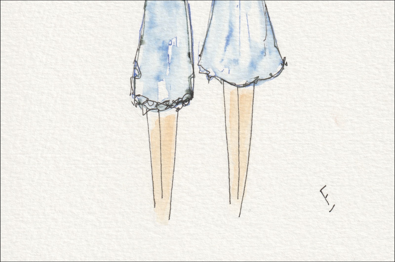 Presented in a rear-oriented, twin-figure layout, this original wash and ink piece investigates tailored structure through two side-by-side silhouettes.