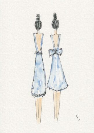 Presented in a rear-oriented, twin-figure layout, this original wash and ink piece investigates tailored structure through two side-by-side silhouettes.