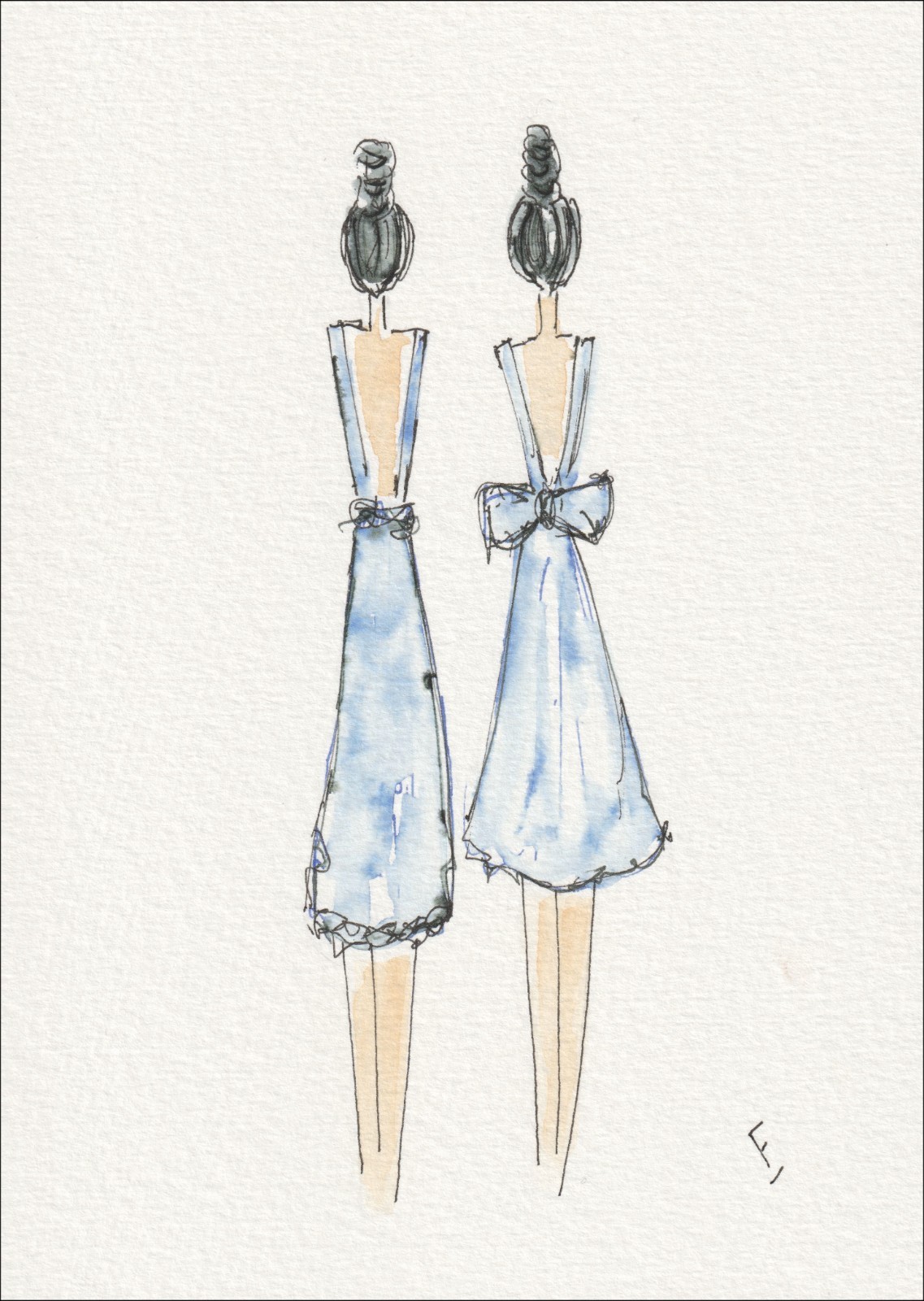 Presented in a rear-oriented, twin-figure layout, this original wash and ink piece investigates tailored structure through two side-by-side silhouettes.