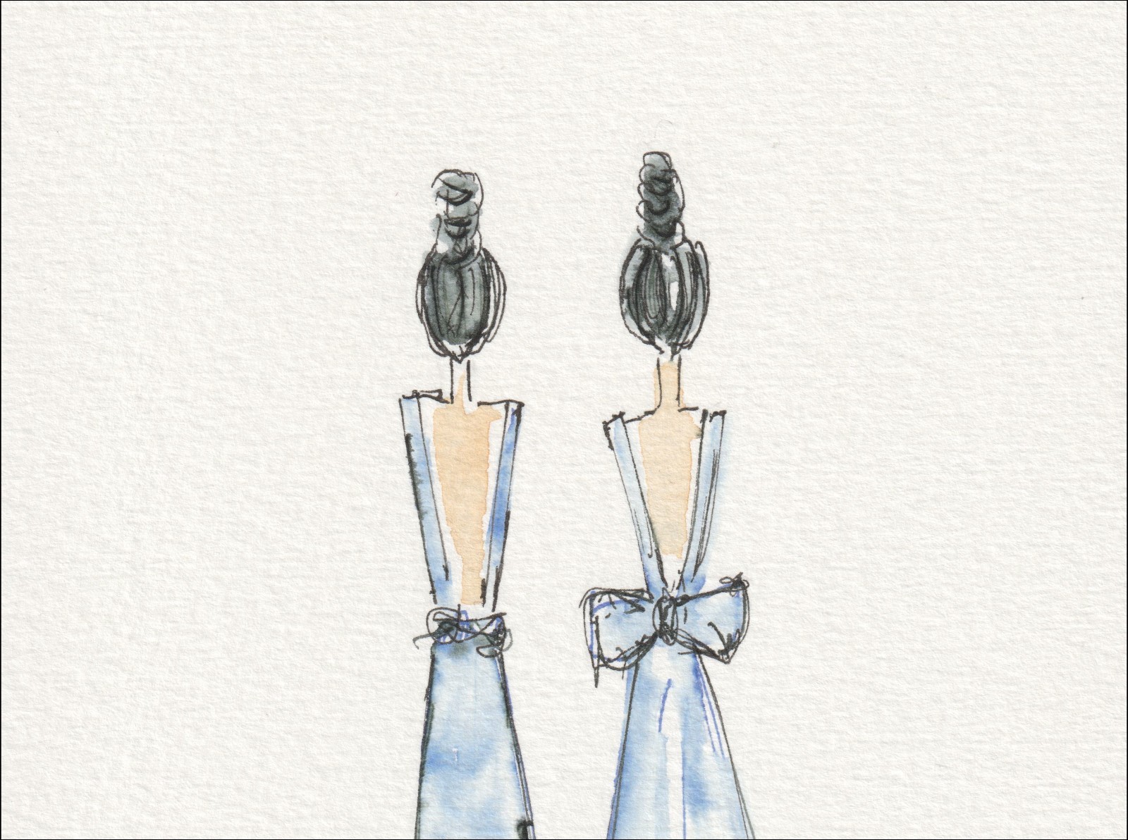Presented in a rear-oriented, twin-figure layout, this original wash and ink piece investigates tailored structure through two side-by-side silhouettes.