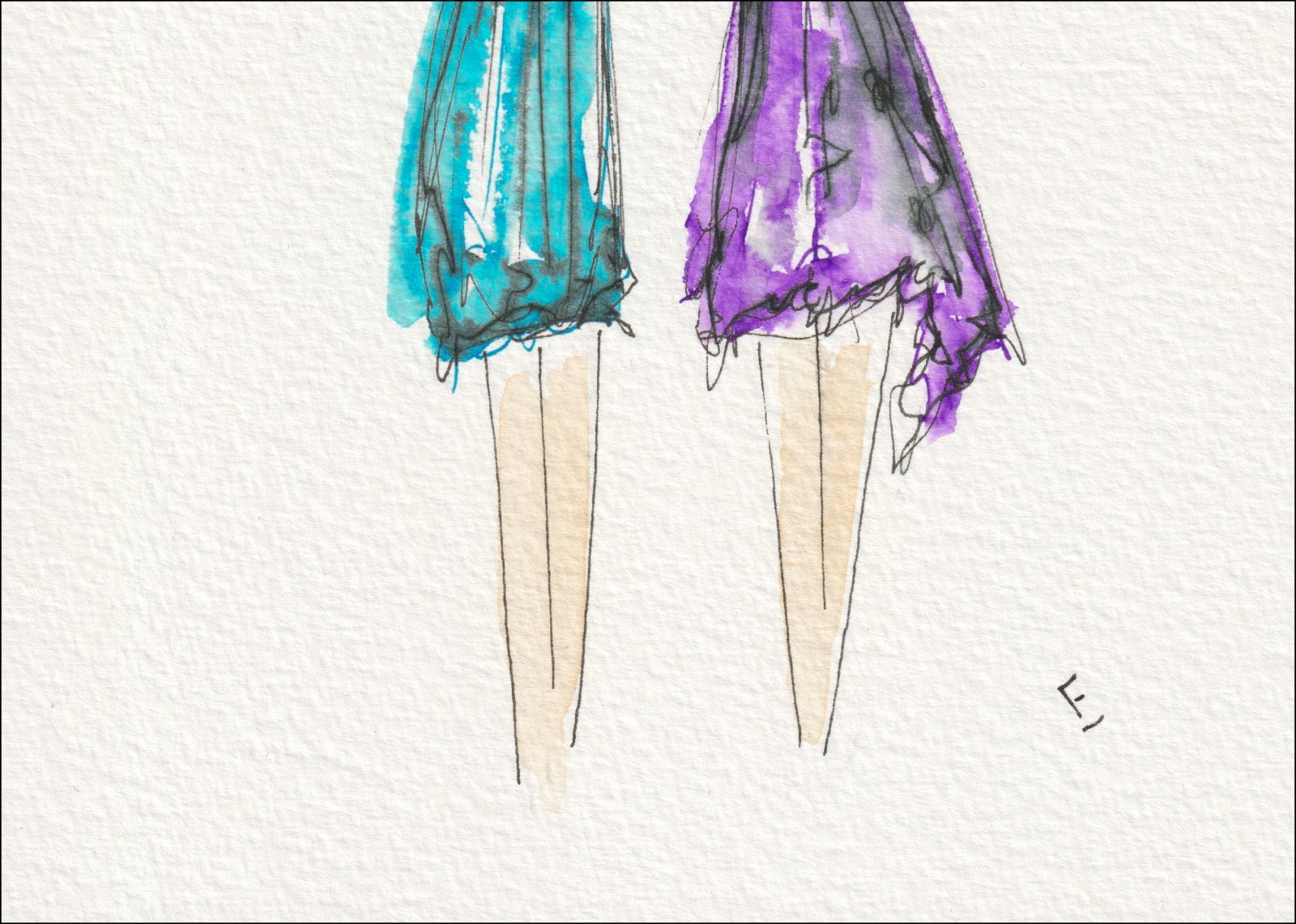 Presented as a mirrored pairing, this original wash and ink piece investigates fashion geometry through two full-length silhouettes standing side by side.
