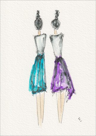 Presented as a mirrored pairing, this original wash and ink piece investigates fashion geometry through two full-length silhouettes standing side by side.