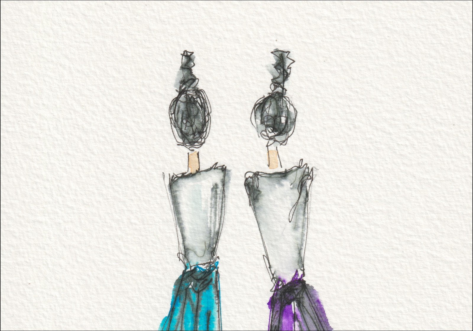 Presented as a mirrored pairing, this original wash and ink piece investigates fashion geometry through two full-length silhouettes standing side by side.