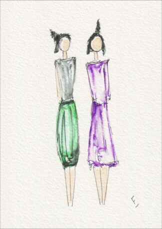 Presented as a side-by-side pairing, this original wash and ink piece examines garment geometry through two distinct, front-facing silhouettes.