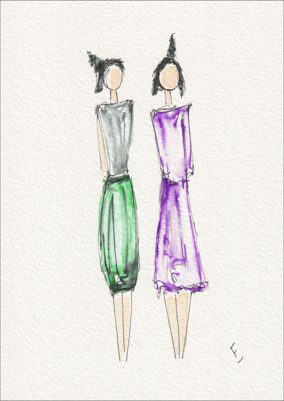 Presented as a side-by-side pairing, this original wash and ink piece examines garment geometry through two distinct, front-facing silhouettes.