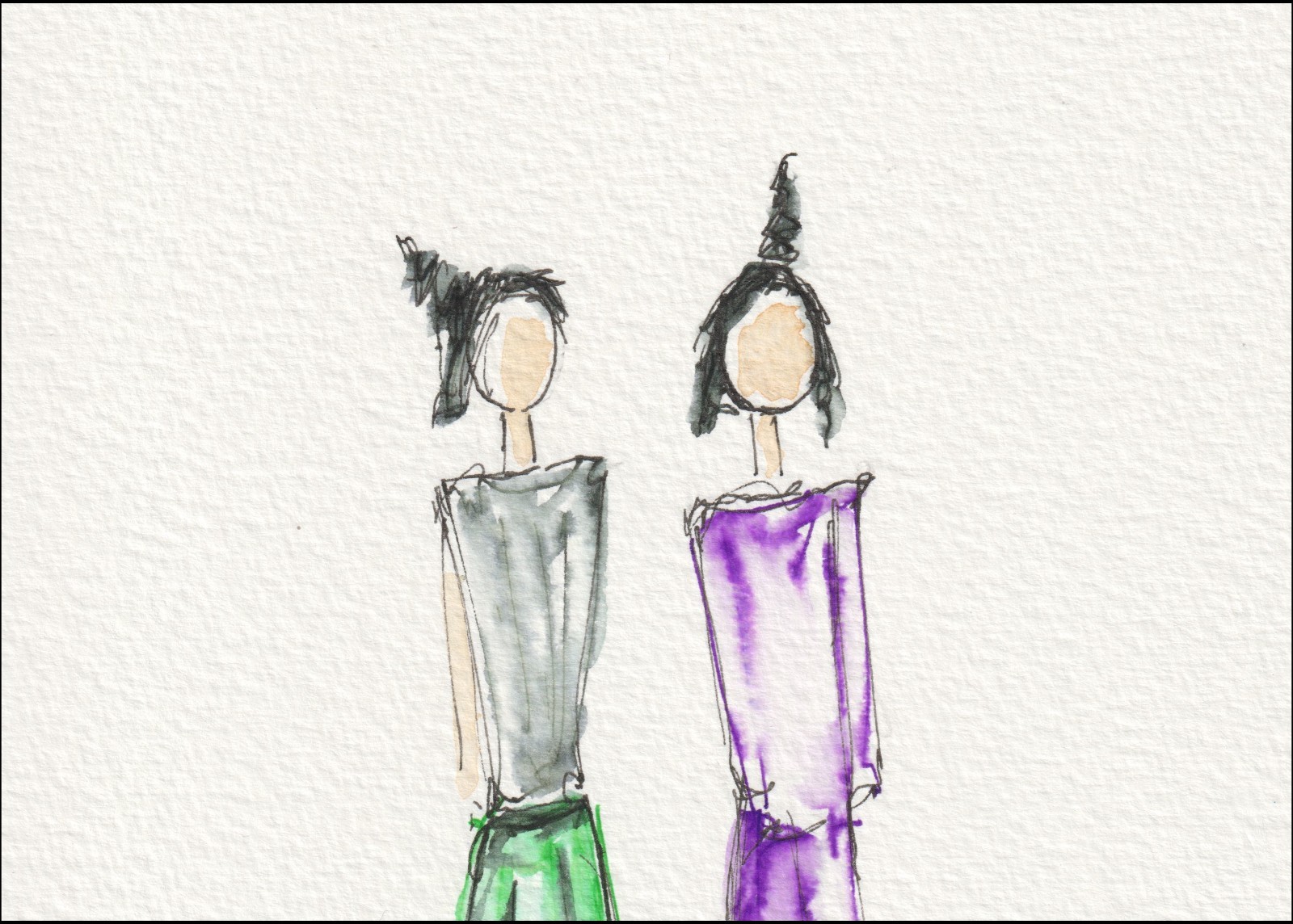 Presented as a side-by-side pairing, this original wash and ink piece examines garment geometry through two distinct, front-facing silhouettes.