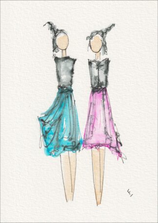 Presented as a side-by-side pairing, this original wash and ink piece investigates physical alignment through two distinct, front-facing silhouettes.