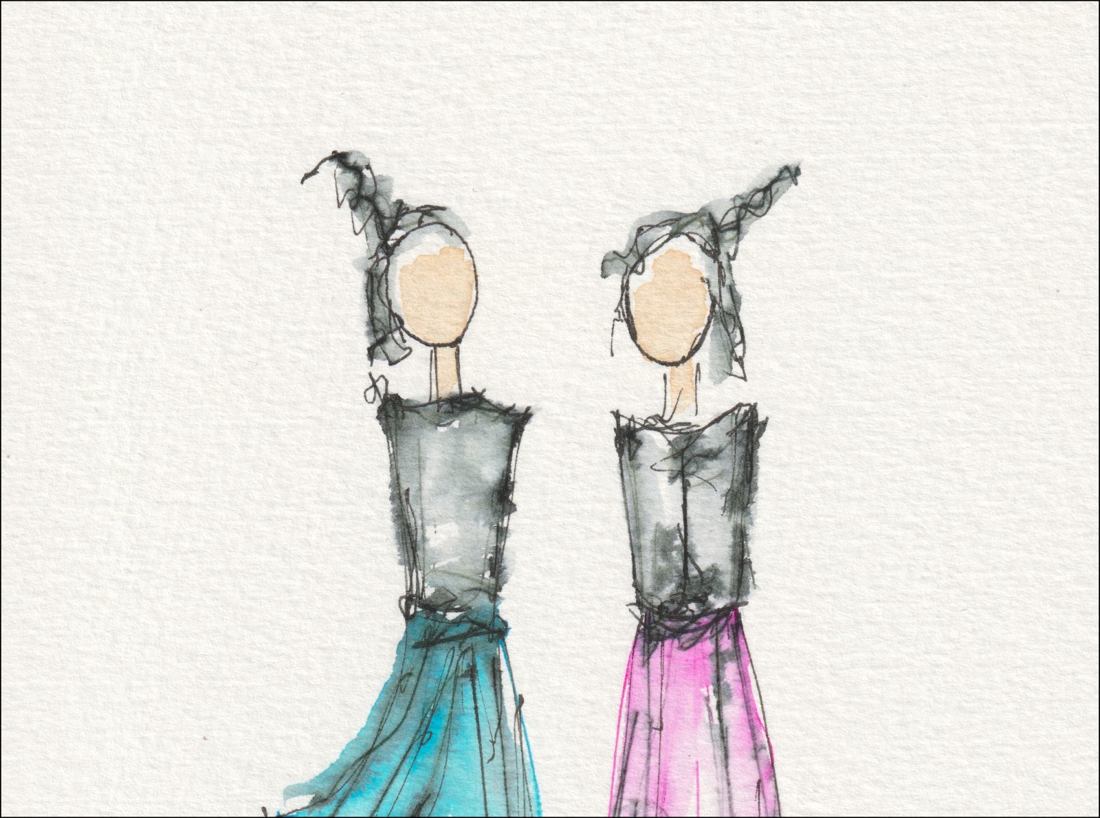 Presented as a side-by-side pairing, this original wash and ink piece investigates physical alignment through two distinct, front-facing silhouettes.