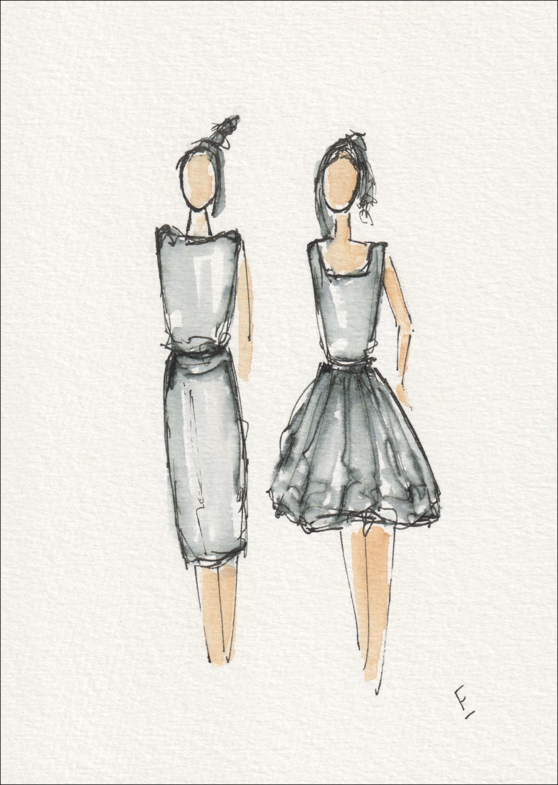 Presented as a mirrored, dual-figure study, this original wash and ink piece investigates structural form through two upright, side-by-side silhouettes.