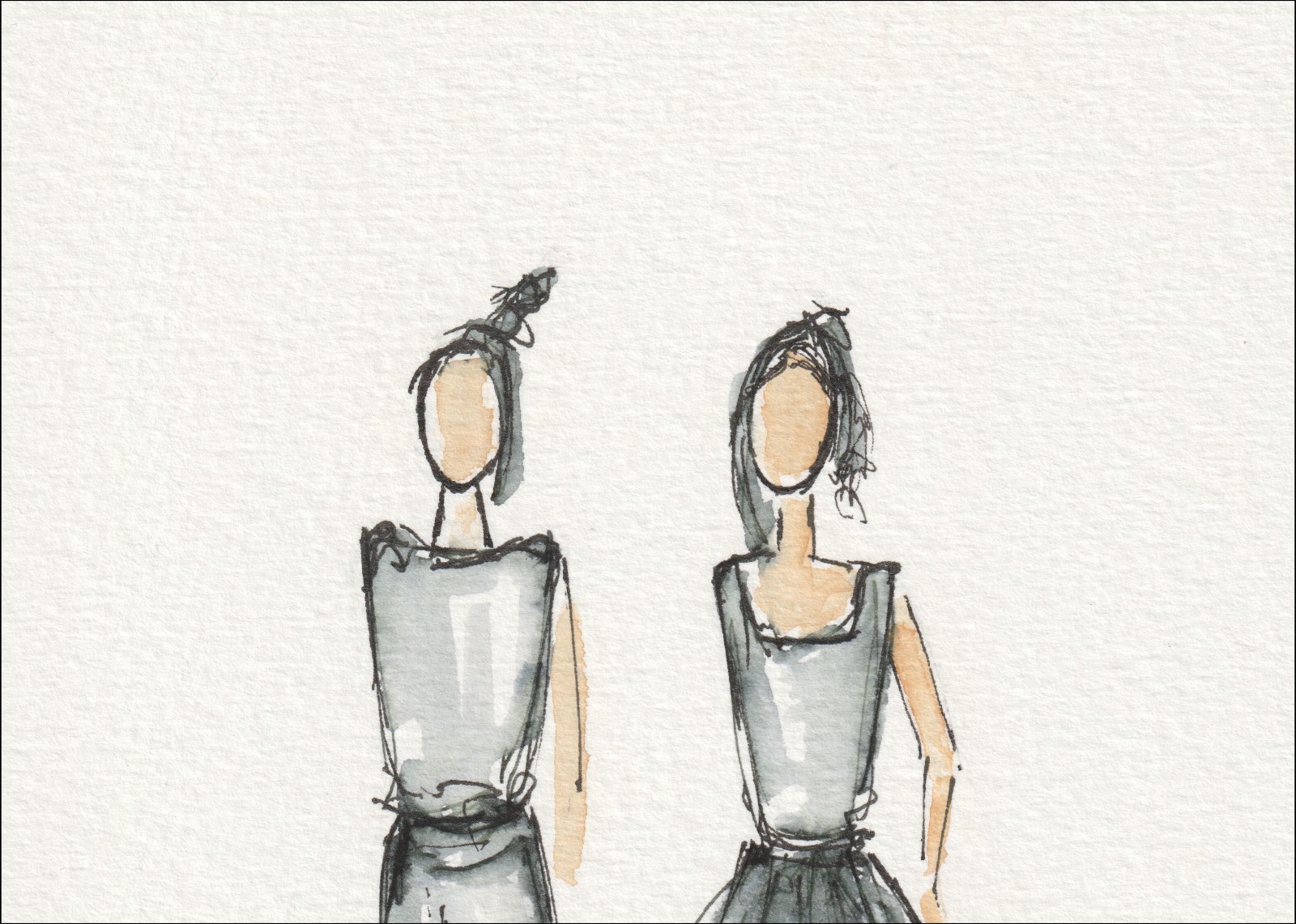 Presented as a mirrored, dual-figure study, this original wash and ink piece investigates structural form through two upright, side-by-side silhouettes.