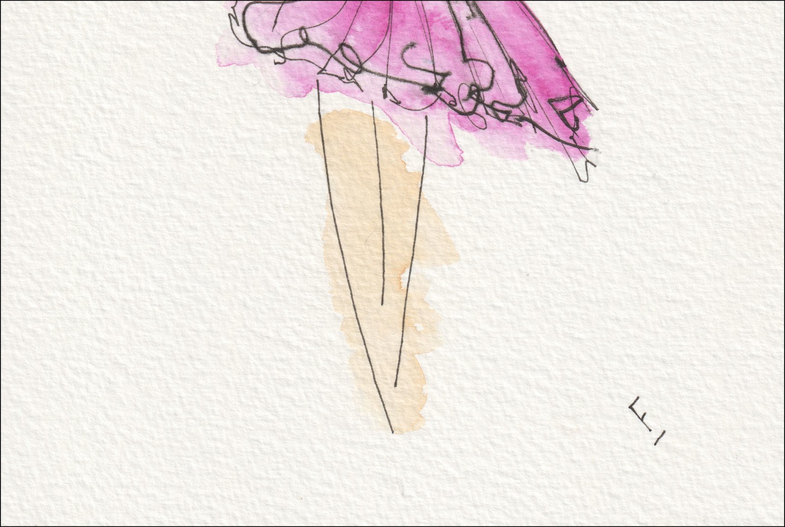 Captured from an active, rear-oriented viewpoint, this original wash and ink piece investigates fluid drape through a single, centred silhouette.