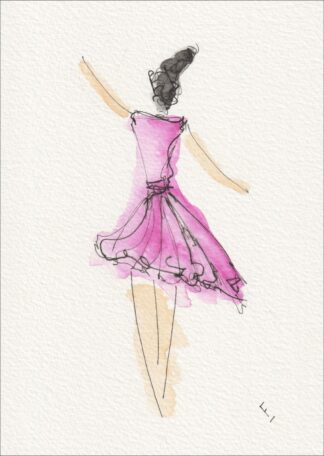 Captured from an active, rear-oriented viewpoint, this original wash and ink piece investigates fluid drape through a single, centred silhouette.