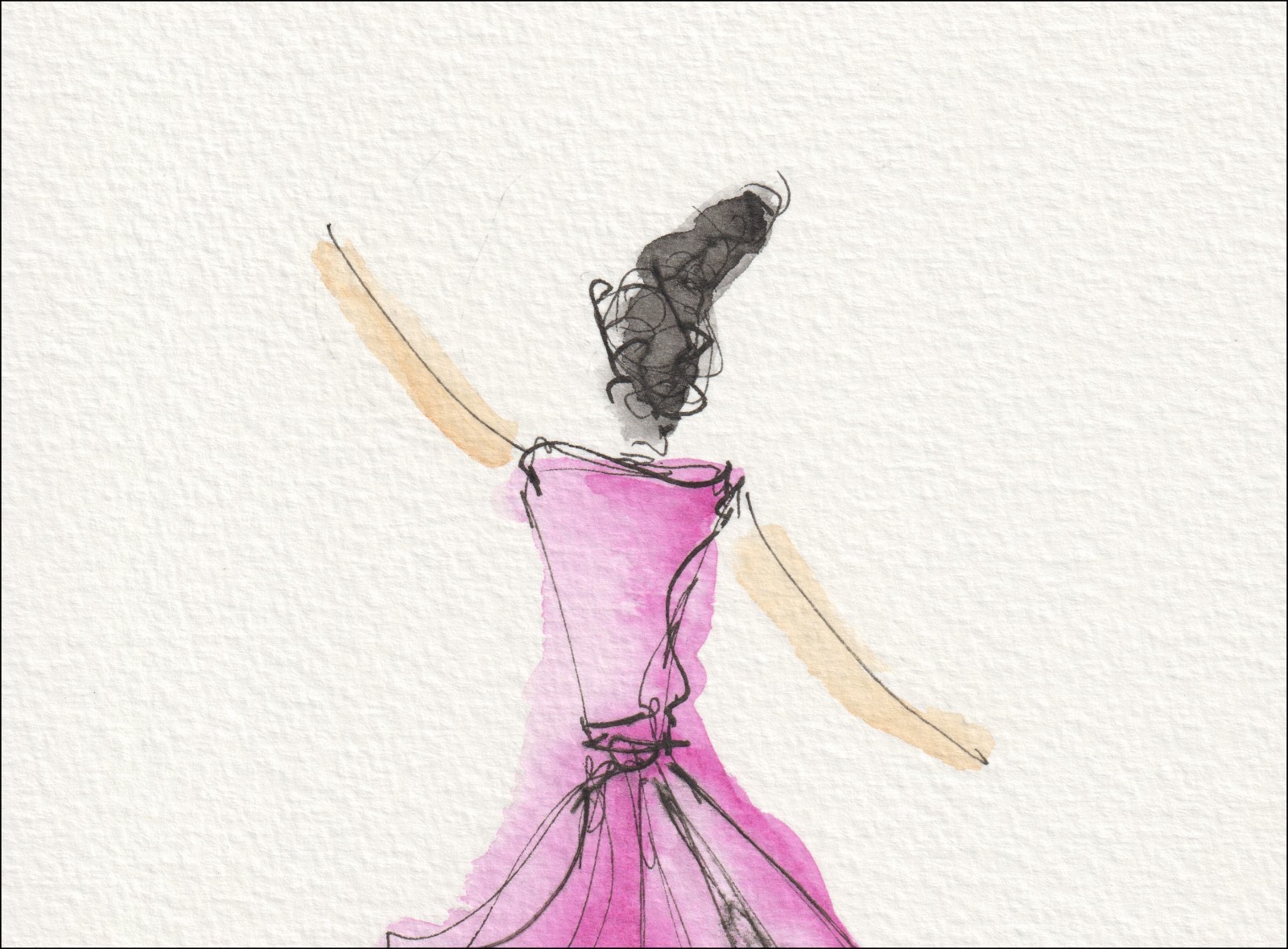 Captured from an active, rear-oriented viewpoint, this original wash and ink piece investigates fluid drape through a single, centred silhouette.