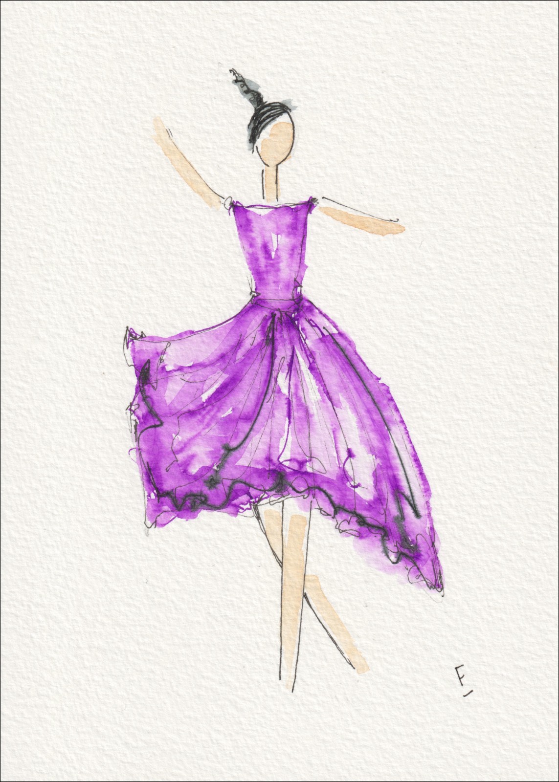 Captured in an active, dancing orientation, this original wash and ink piece investigates fluid drape through a single, centred silhouette.