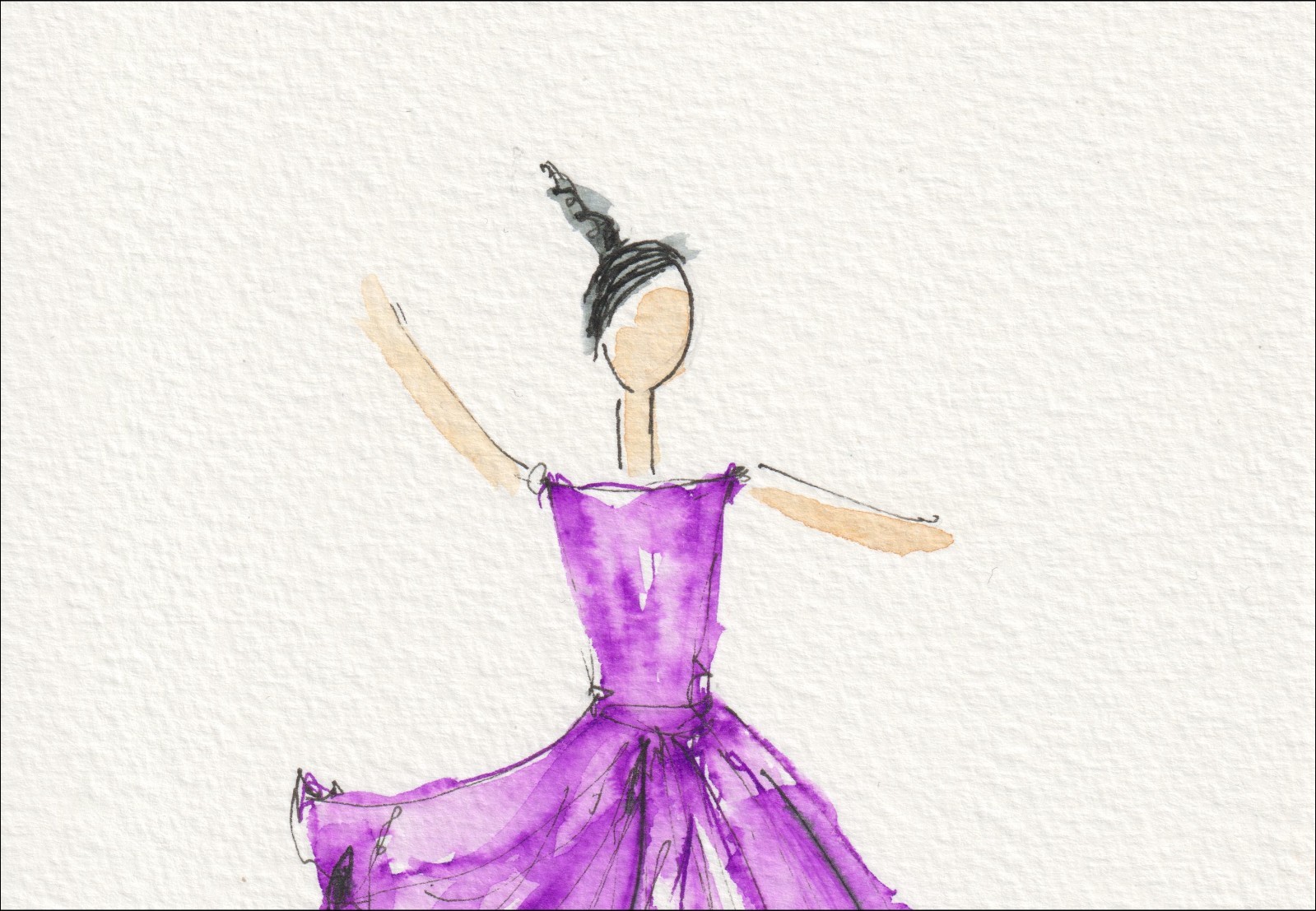 Captured in an active, dancing orientation, this original wash and ink piece investigates fluid drape through a single, centred silhouette.