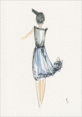 Captured from a clear, rear-facing angle, this original wash and ink piece investigates tailored movement through a single, centred silhouette.