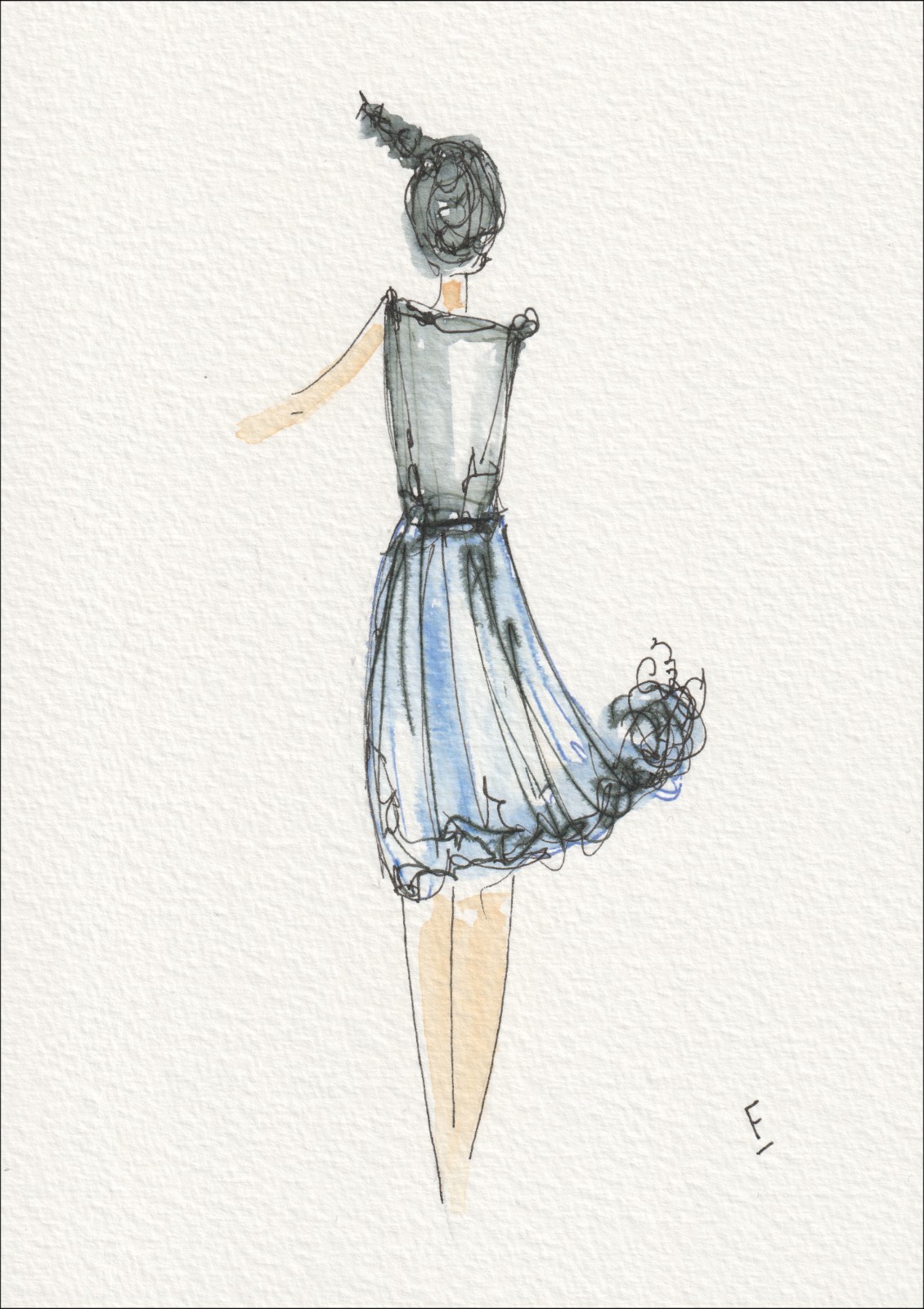 Captured from a clear, rear-facing angle, this original wash and ink piece investigates tailored movement through a single, centred silhouette.