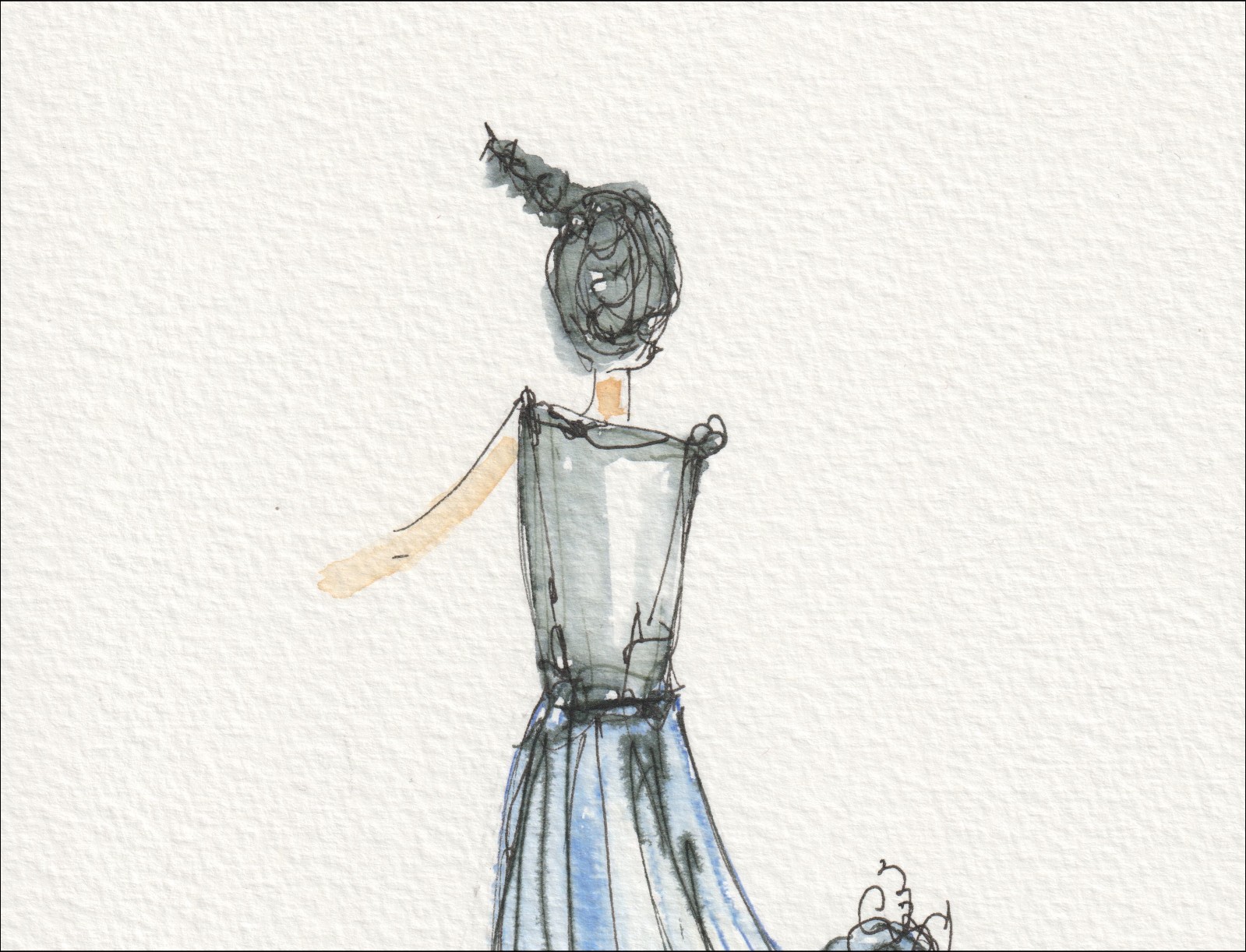 Captured from a clear, rear-facing angle, this original wash and ink piece investigates tailored movement through a single, centred silhouette.