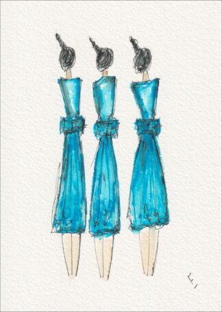 Arranged in a repeating, three-figure sequence, this original wash and ink piece investigates tailored rhythm through matching, side-by-side silhouettes.