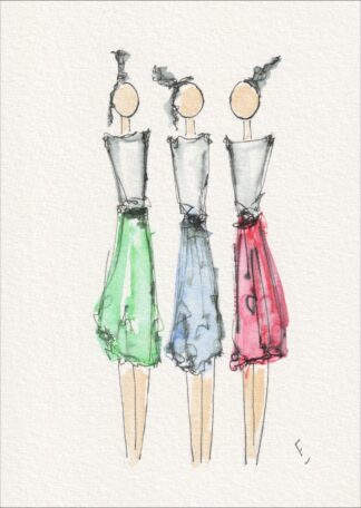 Arranged in a repeating, three-figure sequence, this original wash and ink piece investigates structural rhythm through matching, side-by-side silhouettes.