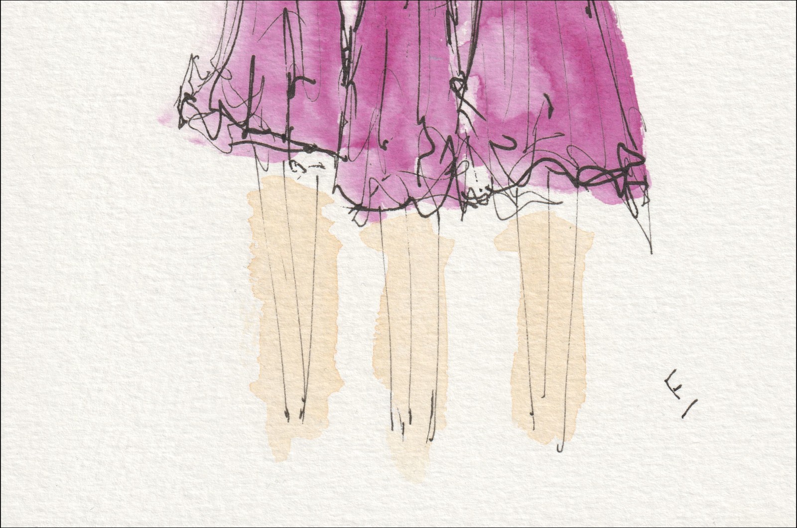Arranged in an overlapping, three-part alignment, this original wash and ink piece investigates collective form through a series of uniform, full-length silhouettes standing side by side.