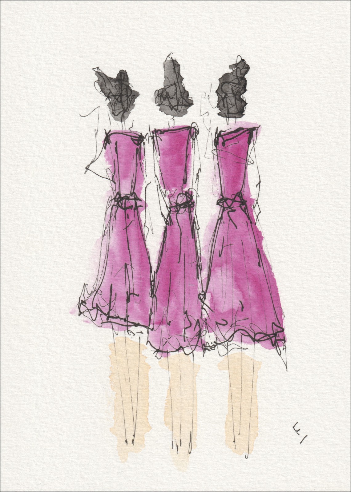 Arranged in an overlapping, three-part alignment, this original wash and ink piece investigates collective form through a series of uniform, full-length silhouettes standing side by side.
